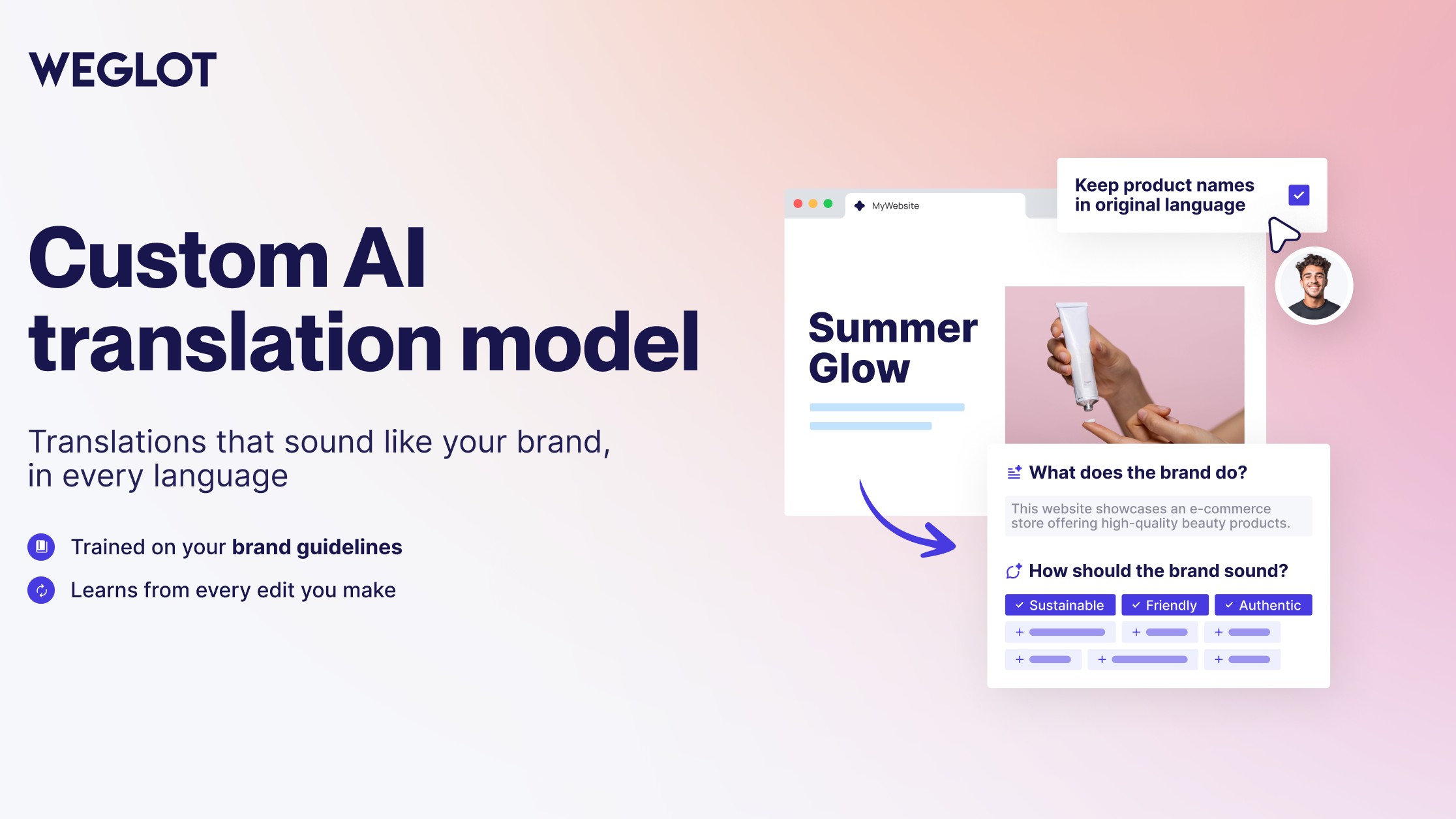 Official Weglot graphic showing the custom AI translation model learning brand guidelines such as keeping product names in the original language