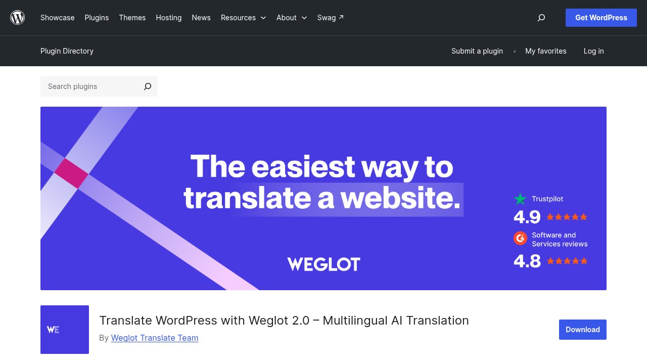 Official WordPress.org plugin listing page for Weglot, titled Translate WordPress with Weglot 2.0