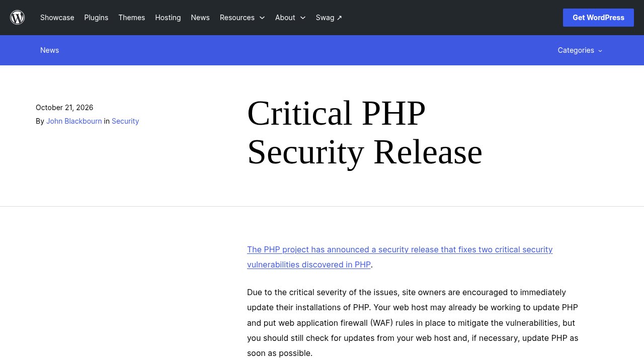 WordPress.org news post on the critical PHP security release, stating no WordPress update is required