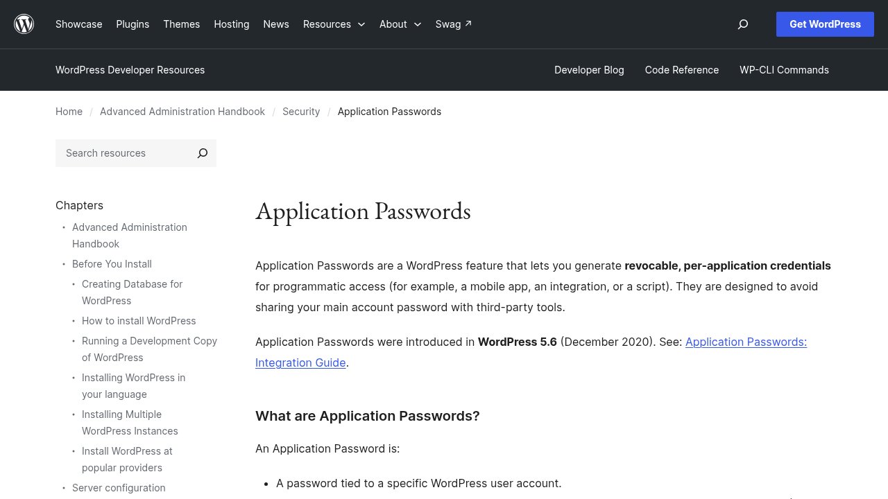 developer.wordpress.org's official documentation page on Application Passwords