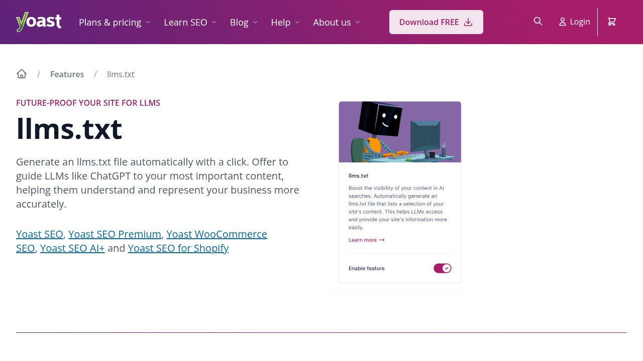 Yoast SEO's official llms.txt feature page describing one-click generation